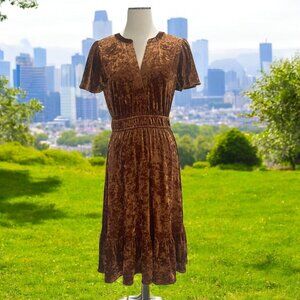 Mystree S Crushed Velvet Midi Dress Ruffled Hem Elastic Waist Boho Retro Elegant
